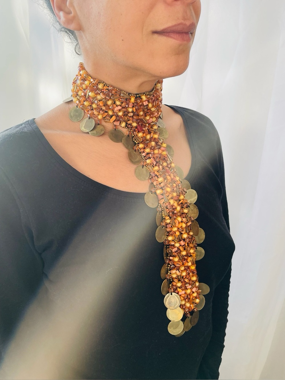 Handmade Beaded Choker Neck Accessory, Gold, Oriental
